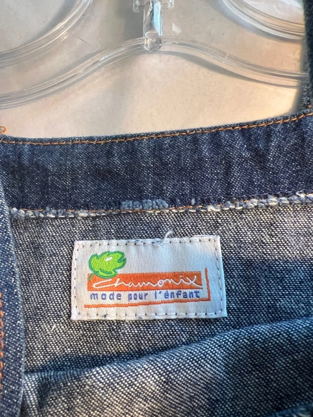 Vintage Children's Blue Denim Overall Dress with Bear Appliqué. Suzéu​